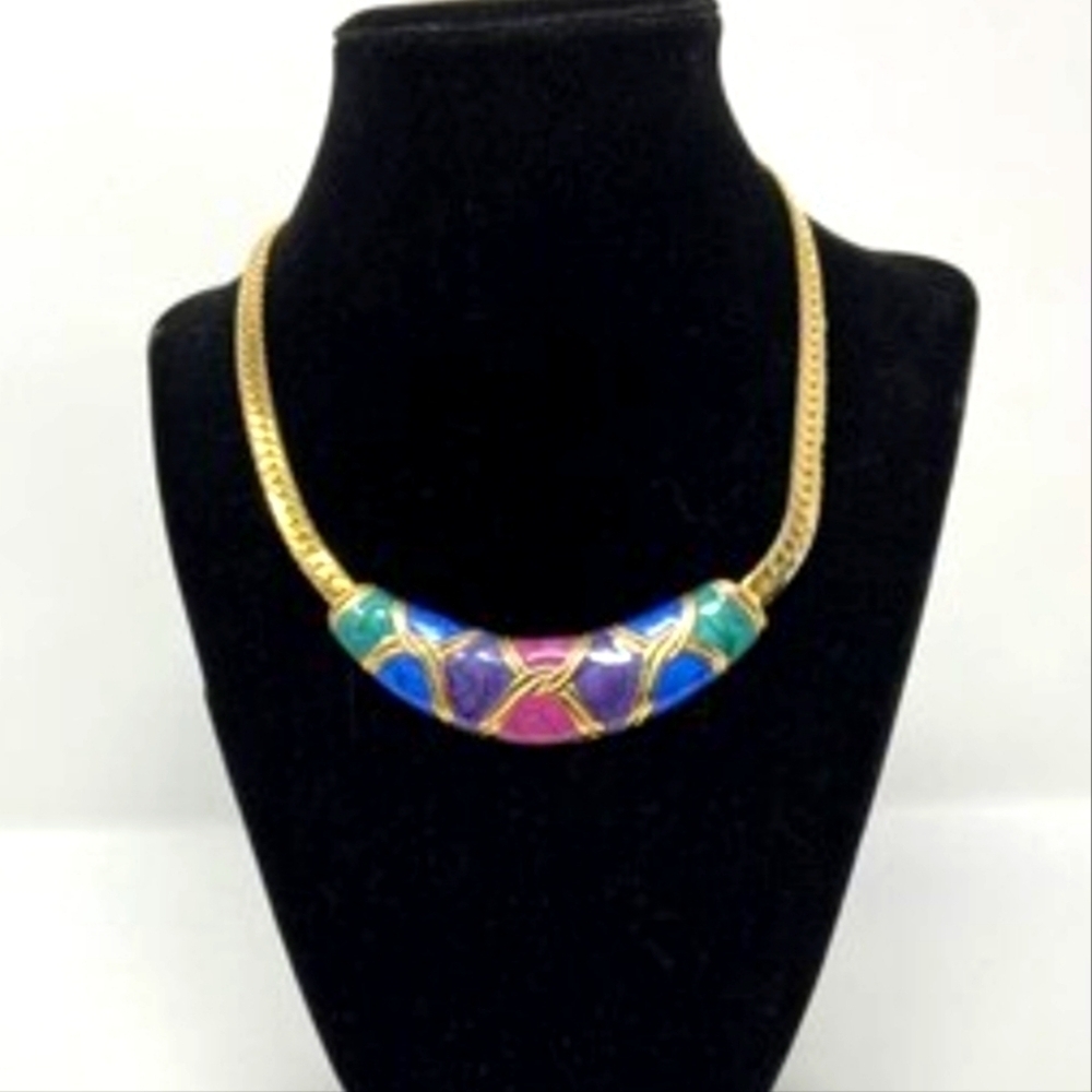 Vintage Gold Tone Enamel Multi Colored Omega Flat Chain Choker Necklace